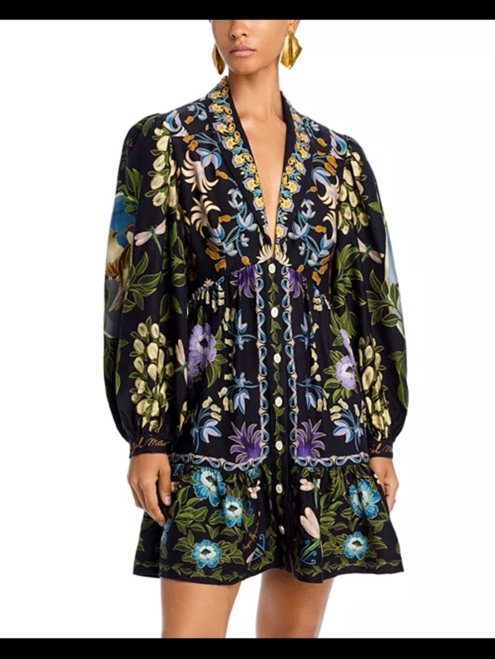 Farm Rio Black Winter Garden Mini Dress Long Sleeves M